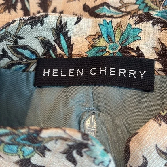 Helen Cherry Silk Dress Blue Brown Floral Side Slit Size 12 - Picture 9 of 13